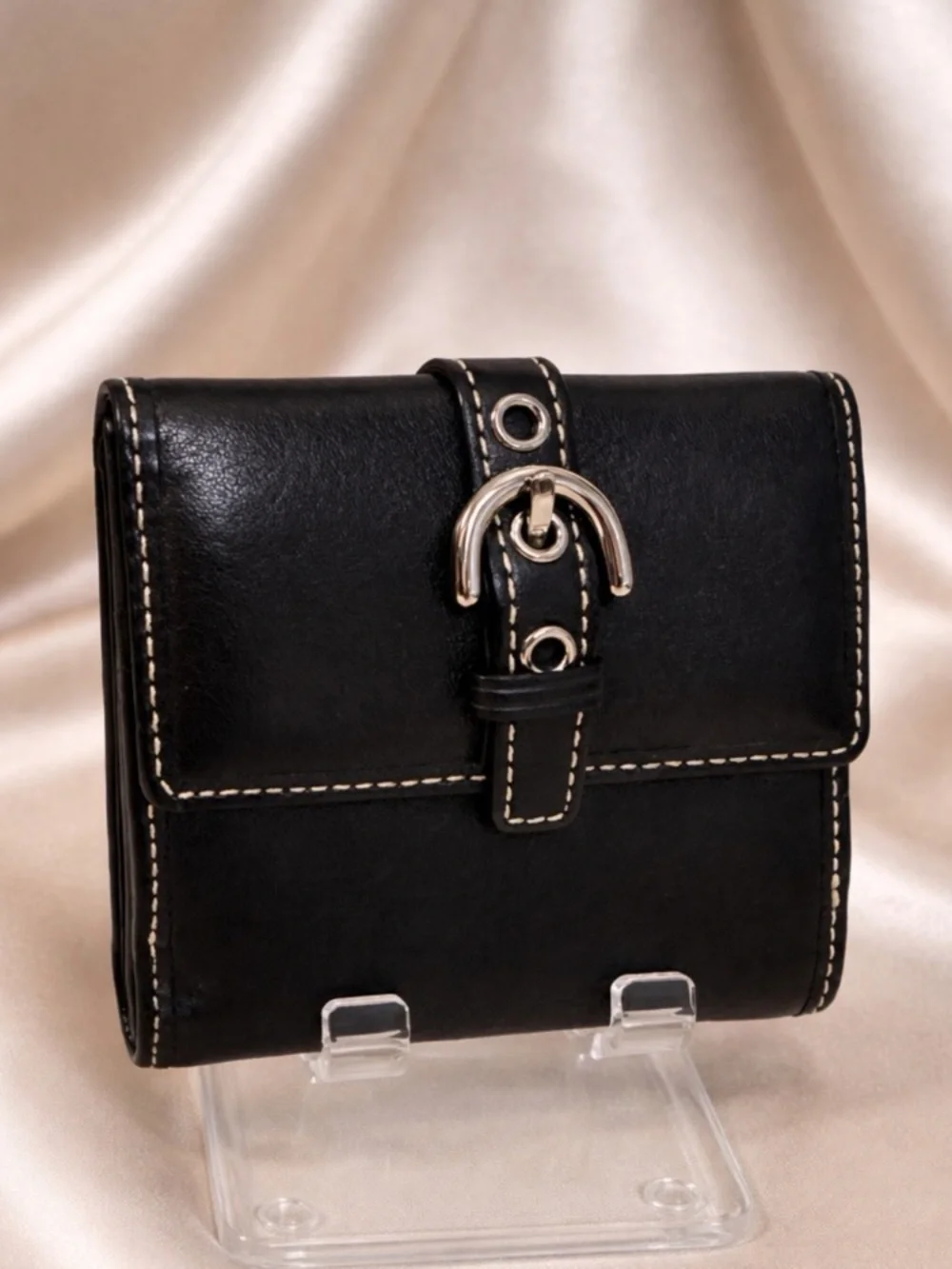 Coach Black Vintage Leather Compact Wallet Snap Coin Pocket - Picture 1 of 7